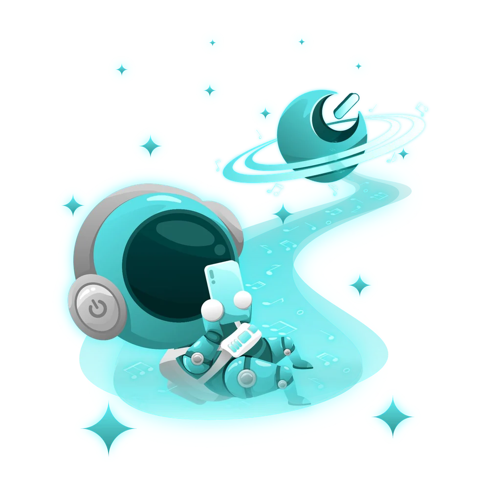 Magino's astronaut mascot lying on a ribbon of music notes, holding a phone